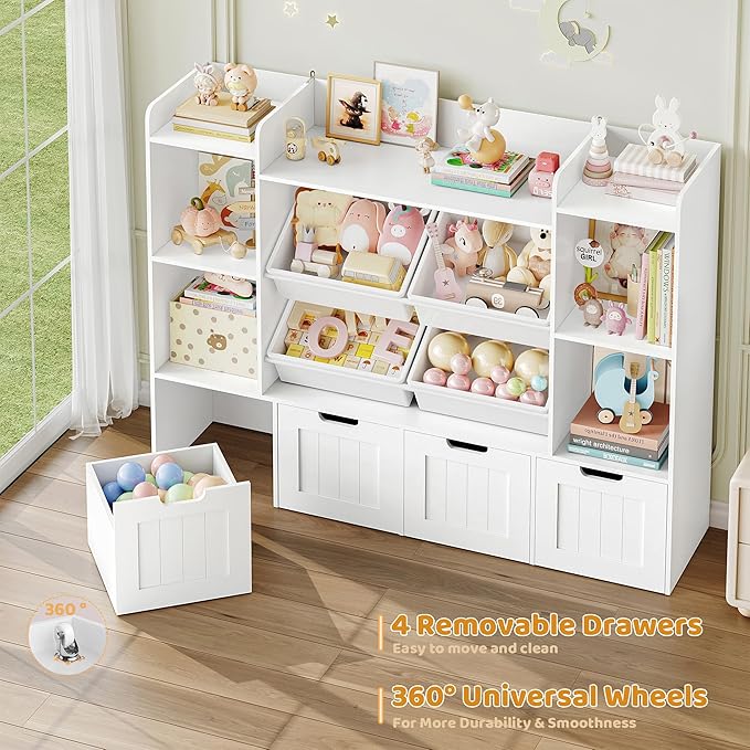 LULUBEAR Toy Storage Organizer, Toy Organizer with 4 Movable Drawers and 4 Box Bins, Kids Playroom Storage Organization with Hidden Wheels for Living Room, Kids Room