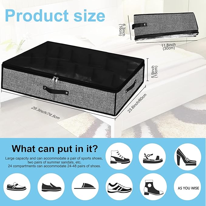 Meerainy Under Bed Shoe Storage Organizer for Closet 2 Pack- Fits 24 Pairs Underbed Shoes Container Boxes with 2 Sturdy Handles and Clear Window,Foldable Shoe Rack Holder,Black