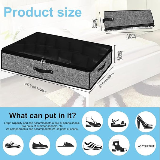 Meerainy Under Bed Shoe Storage Organizer for Closet 2 Pack- Fits 24 Pairs Underbed Shoes Container Boxes with 2 Sturdy Handles and Clear Window,Foldable Shoe Rack Holder,Black
