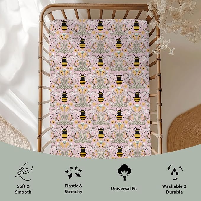 Bee Honey Garden Pink Baby Crib Sheets for Boy Girl 52"x28" Boho Floral Bees Honey Butterflies Soft Snug Fitted Crib Mattress Covers Spring Summer Baby Sheet for Standard Crib & Toddler Bed Mattress