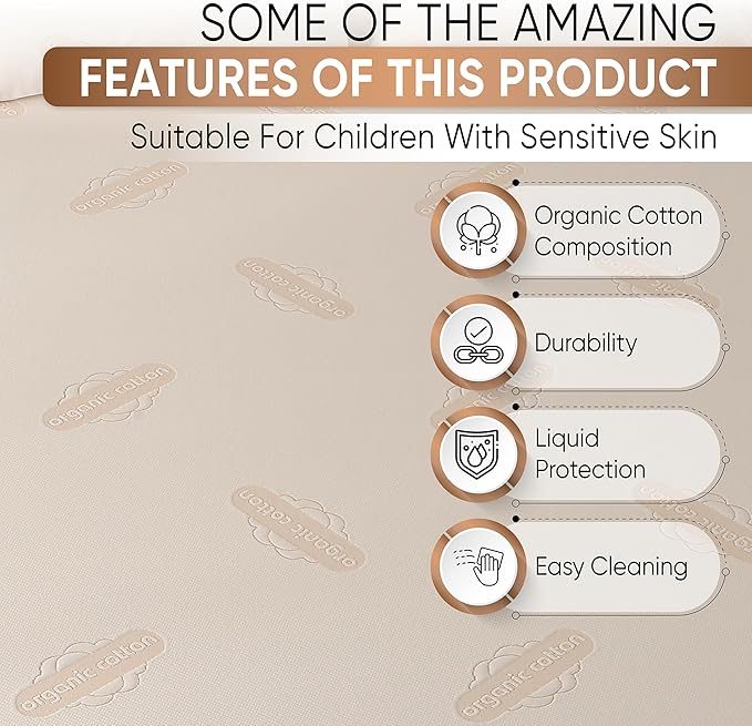 Deluxe Waterproof Organic Mattress Protector Twin - Certified Organic Cotton, Breathable Mattress Pad Cover - New 280 GSM Comfort - Jersey Cotton Skirt - Fitted Comfort