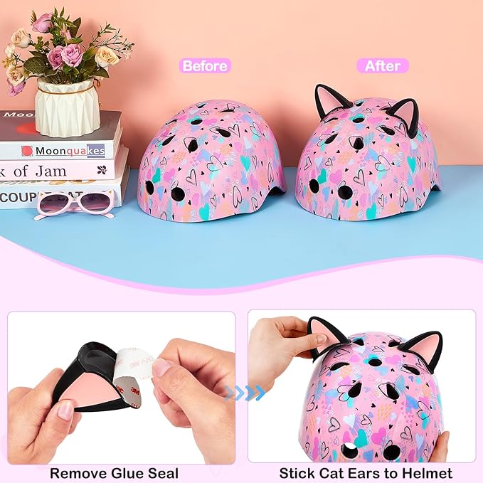 Kids Helmet, Bike Helmets for Kids 8-14 with Knee Pads and Elbow Pads Wrist Guards, Adjustable Youth Girls Bike Helmet with DIY Cat Ears Skateboard Helmet for Scooter Skating Cycling