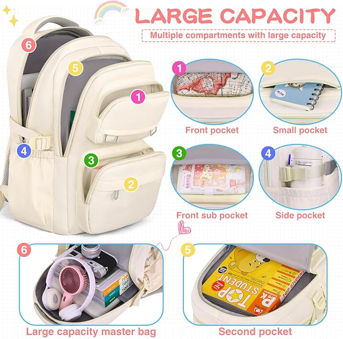 KBTYE School Backpack for Kids Girls Cute Travel Backapck for College Women Men Casual Laptop Bookbag for Teen Student(Beige)
