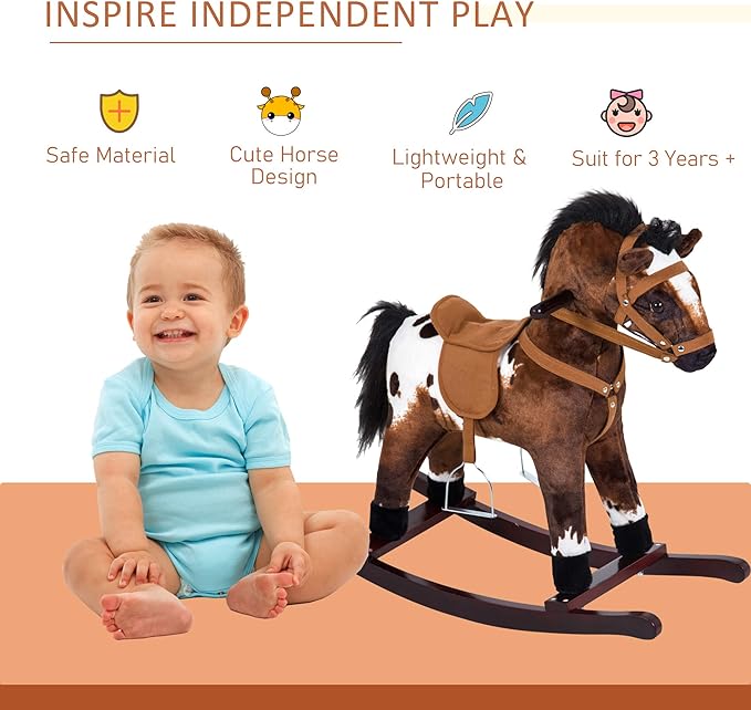 Qaba Kids Wooden Plush Ride-On Rocking Horse Chair Toy with Realistic Sounds Dark Brown/White