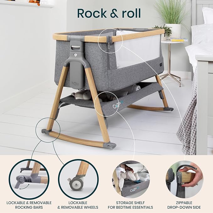 Tutti Bambini CoZee® Air Baby Bassinet & Bedside Sleeper - Rocking Bassinet for Baby, Fast-Folding with Travel Bag, Deluxe Airflow Mattress & 6 Mattress Heights, 0-6 Months (Oak & Charcoal)