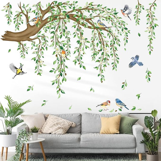 decalmile Large Hanging Vine Wall Stickers Tree Branch Green Leaf Flower Birds Wall Decals Living Room TV Background Bedroom Wall Decor
