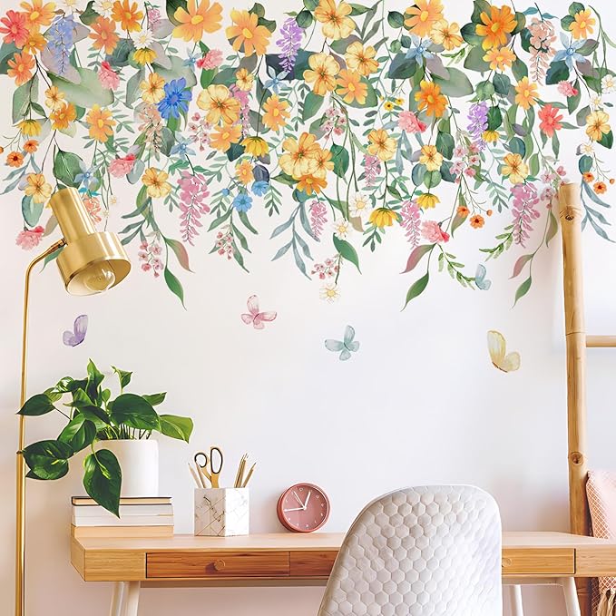 Buiory Removable Flower Plants Wall Decals Hanging Vine Floral Wall Stickers Peel and Stick Flower Butterfly Stickers for Baby Nursery Girls Bedroom Living Room Wall Decor