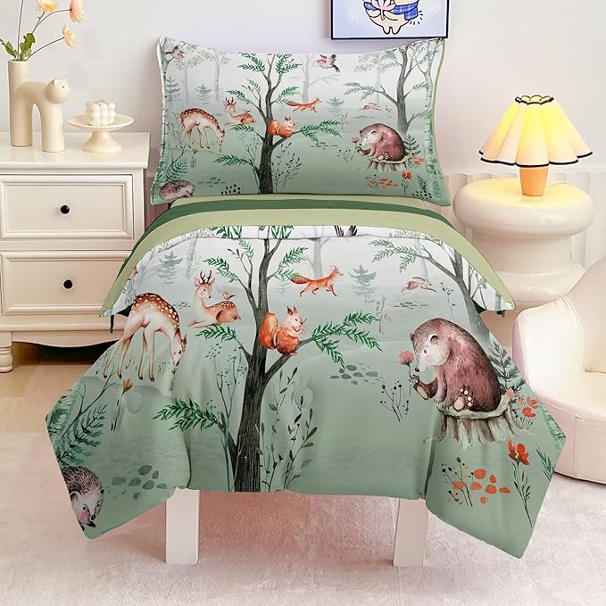 4 Pieces Woodland Animal Toddler Bedding Set, Forest Deer Bear Fox Bed Comforter Set for Boys Girls, Cute Toddler Bed Set Includes Comforter, Flat Sheet, Fitted Sheet and Pillowcase
