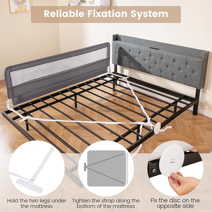 HONEY JOY Bed Rail for Toddlers, 71-in Extra Long, Portable Safety Bed Guardrail w/Double Safety Child Lock, Foldable Baby Bed Rail Guard, Fit King & Queen Full Twin Size Bed Mattress(Gray, Pack 2)