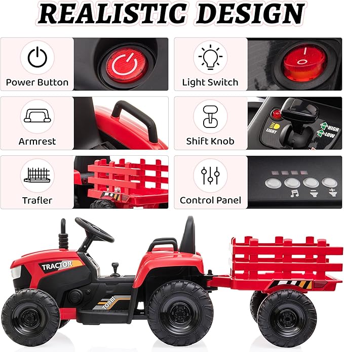 TOBBI Kids Electric Toy Tractor with Trailer, Toddlers 12V Battery-Powered 6-Wheels Vehicle, Ride On Car to Drive with 35W Dual Motor/3-Speeds/LED & Horn Functions for Chirdren Aged 3-6-Red
