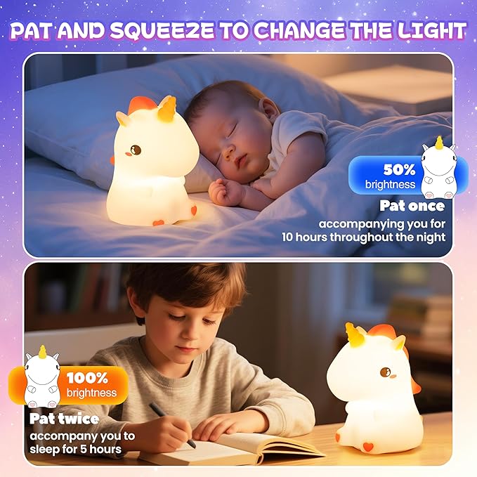 loatme Night Light for Kids, Rechargeable Dimmable Silicone LED Nightlight with 7 Colors, Baby Nursery Night Lamp, Touch Squishy Lamp, Cute Gifts for Girls, Boys, Toddler Room Decor, Unicorn