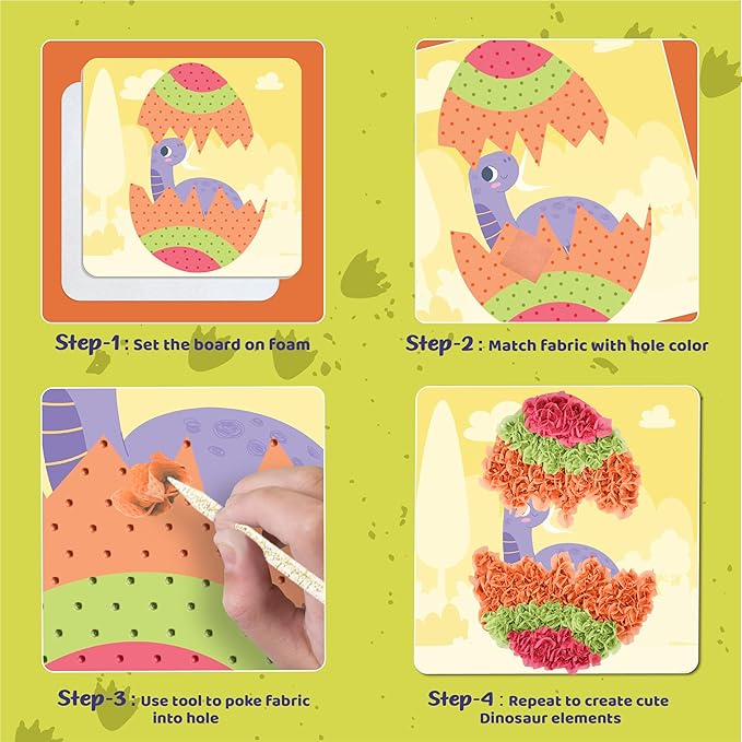 jackinthebox Poke Poke Art – Dinosaurs Theme, Mess-Free Fabric Art and Craft, Flower Pressing Kits, Gift for Kids, Toys for Girls and Boys Ages 4 5 6 7 8
