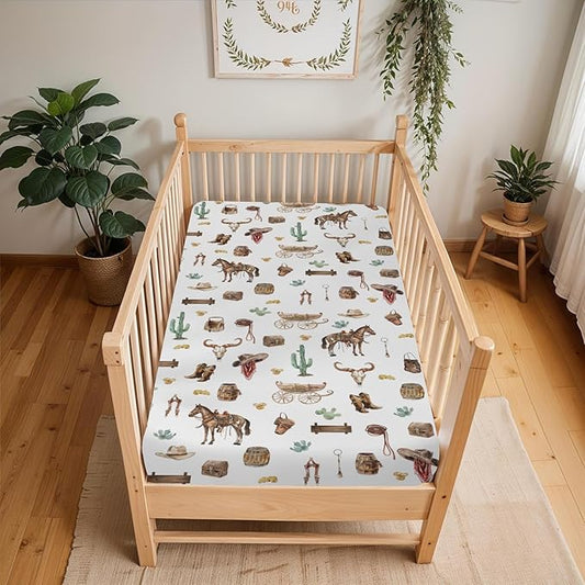 Western Cowboy Baby Crib Sheets for Boy 52"x28" Cowboys Horse Boots Hats Golds Cactus Soft Snug Fitted Crib Mattress Cover Wild West Cowboy Life Baby Sheet for Standard Crib & Toddler Bed Mattress