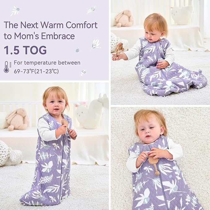 Baby Sleep Sack 12-18 Months 1.5 Tog Baby Wearable Blanket 100% Cotton Fabric Warm Sleeping sack with 2-Way Zipper Quilted for Toddler Infant Tog Purple Leaves
