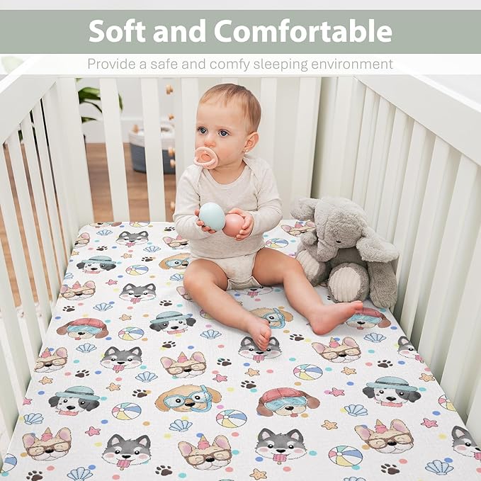 Summer Beach Fun Dogs Baby Crib Sheets for Boy Girl 28"x52" Cute Dog Vacation Soft Stretchy Fitted Crib Mattress Cover Dogs Lovers Gift Nursery Baby Sheet for Standard Crib & Toddler Mattress Pad