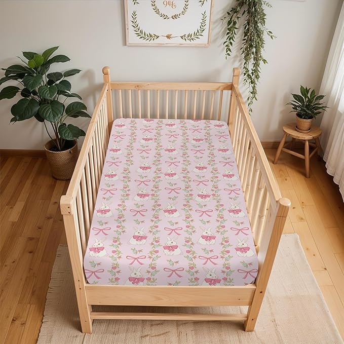 Preppy Bunny Easter Baby Crib Sheets for Boy Girl 52"x28" Pink Easter Rabbits Bows Floral Soft Stretchy Fitted Crib Mattress Cover Spring Garden Baby Sheet for Standard Crib and Toddler Bed Mattress