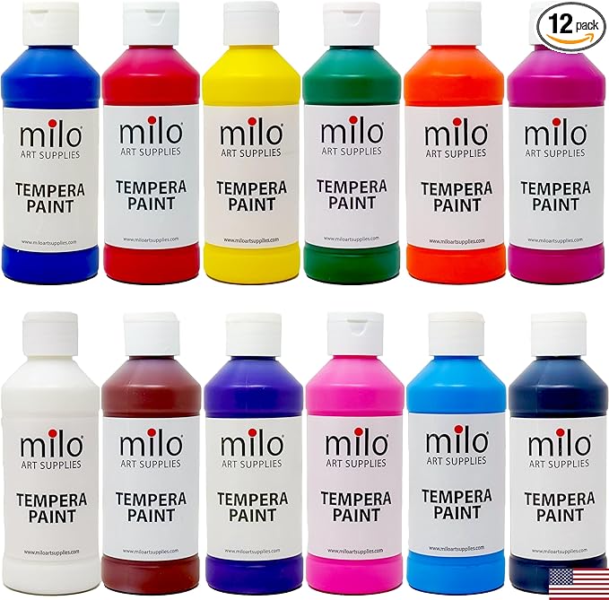 milo Washable Paint | 12 Colors 8 oz Bottles | Made in the USA | Safe and Non-Toxic Tempera Paint for Arts & Crafts, Poster, Window, Classroom, School