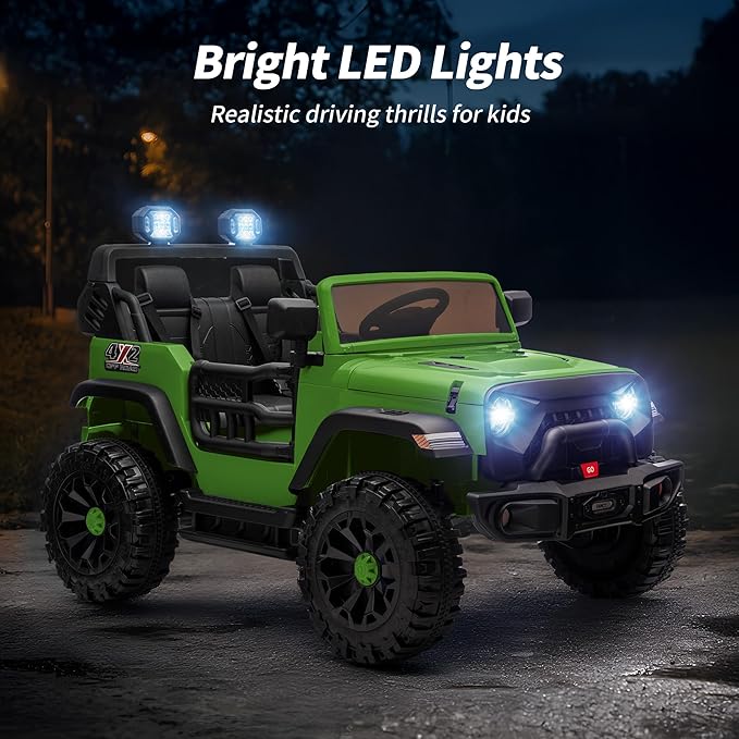 2 Seater Ride on Car Toy, 12V Electric Car for Kids 4-8 with Remote Control, Capacity 150 lb, LED Light - Army Green