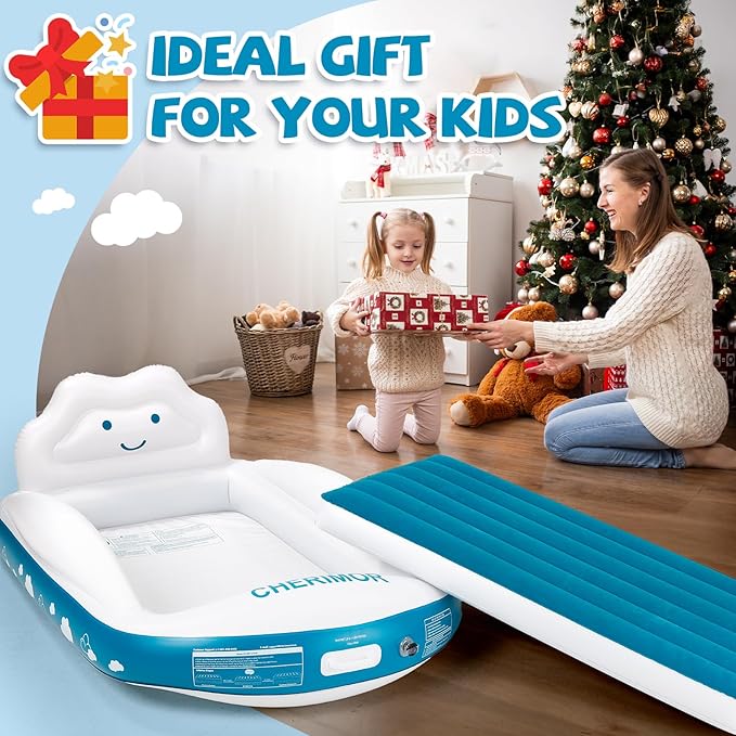 Inflatable Toddler Travel Bed, Portable Toddler Bed with 4-Sides Safety Bumpers & Fast Auto Inflation Pump, Kids Air Mattress for Travel Camping, Grandma's Home Sleepovers Blow Up Mattress