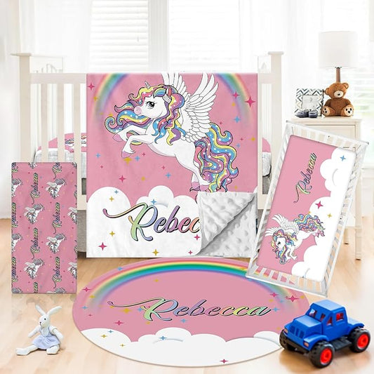Personalized Crib Bedding Set - 4 Piece Custom Gift Pink Unicorn Crib Bed Set with Name, Soft Double Layer Blanket Set for Infant Baby Girl, Nursery Bedding Set for Toddler Boys