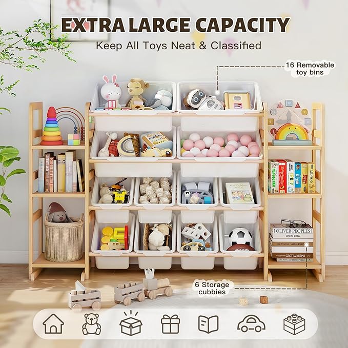 PTINFLUCE Wooden Toy Storage Organizer with 6 Shelves and 12 Bins, Toy Organizer Storage Kids Bookshelf, Toy Shelf for Playroom, Nursery, and Bedroom