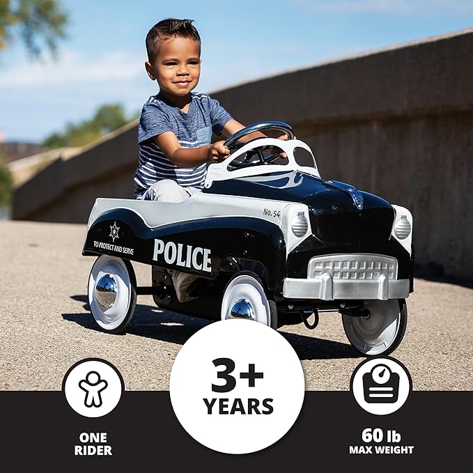 Kid Trax Classic Police Car Toy, Kids Police Car Ride-On, Toddler Pedal Car, Durable Steel, Easy Assembly, Indoor/Outdoor, 60lbs Max, Interactive, Boys/Girls, Black, Steering Wheel, Outdoor Play