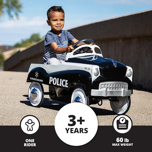 Kid Trax Classic Police Car Toy, Kids Police Car Ride-On, Toddler Pedal Car, Durable Steel, Easy Assembly, Indoor/Outdoor, 60lbs Max, Interactive, Boys/Girls, Black, Steering Wheel, Outdoor Play