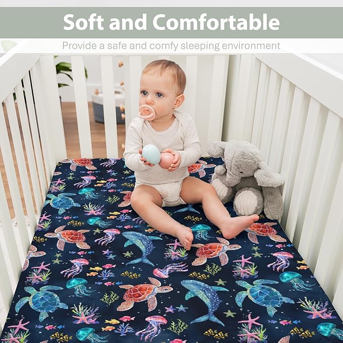 Fantasy Sea Animals Baby Crib Sheets for Boy Girl 28"x52" Turtle Whale Jellyfish Corals Soft Stretchy Fitted Crib Mattress Covers Nautical Marine Baby Sheet for Standard Crib & Toddler Mattress Navy