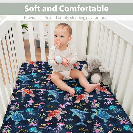 Fantasy Sea Animals Baby Crib Sheets for Boy Girl 28"x52" Turtle Whale Jellyfish Corals Soft Stretchy Fitted Crib Mattress Covers Nautical Marine Baby Sheet for Standard Crib & Toddler Mattress Navy
