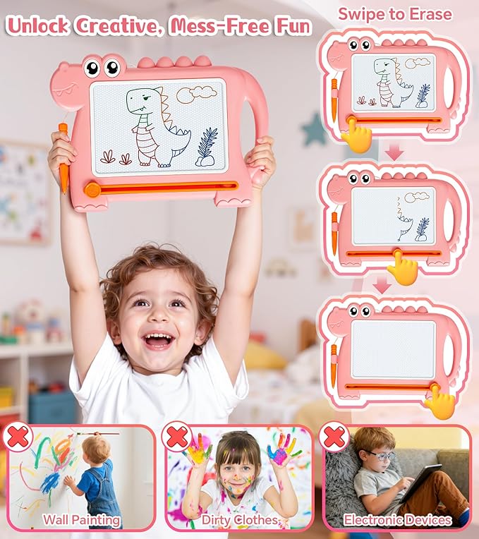 Dinosaur Magnetic Doodle Board Table for Toddlers, Color Drawing & Writing Sketch Pad Educational Learning Kids Toy for 1 2 3 Year Old Girls, Mess-Free Art Gift for Birthday or Valentine's Day, Pink