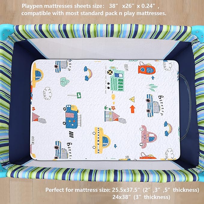 Padded Pack n Play Sheets Breathable Thick Pack and Play Mattress Protector, Quilted 38x26” Playard Sheet Fitted for Graco, Portable Mini Cribs and Foldable Mattress Pad, Soft Playpen Mattresses Cover