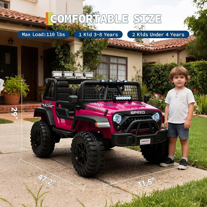 24V Ride on Car for Kids, 2 Seater Electric Truck with Parent Remote Control, Spring Suspension, 2 Speeds, LED Headlight & Music Player, Kids Electric Vehicle for Aged 3-8 Years, Pink