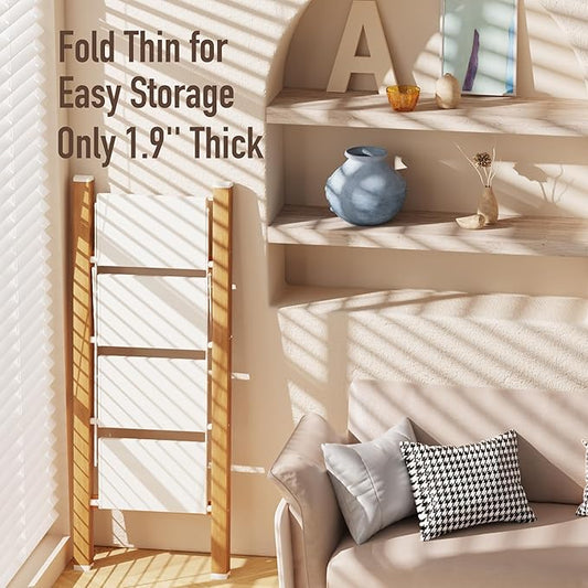 Mayi Plus 4 Step Lightweight Aluminum Folding Ladder, Portable Step Stool with Anti-Slip Pedals, 330 lbs Capacity for Home, Office, Kitchen（White&Woodgrain）