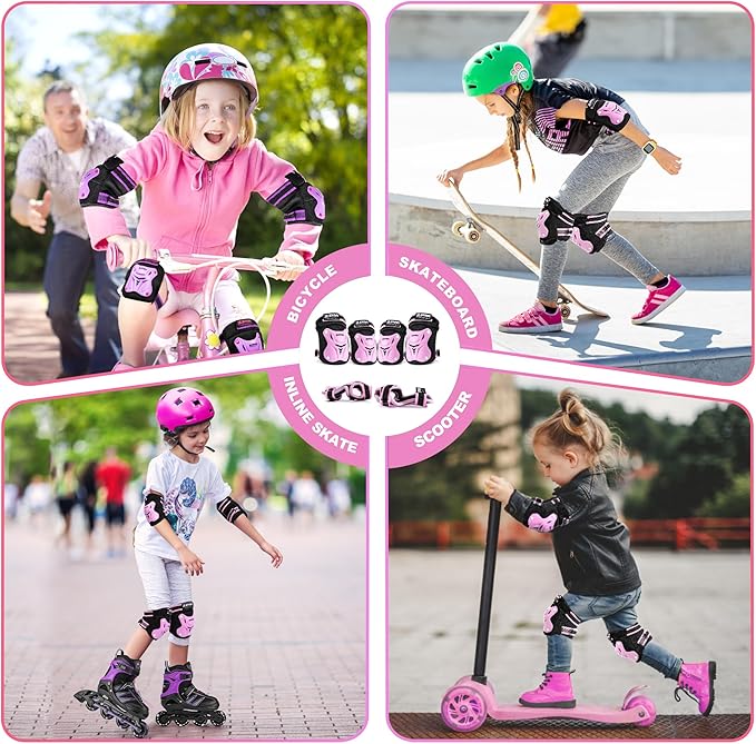 2PM SPORTS Knee Pads for Kids, Wrist Guards Knee and Elbow Pads Set with Drawstring Bag, Protective Gear Set for Girls Boys Roller Skating Cycling Skateboard