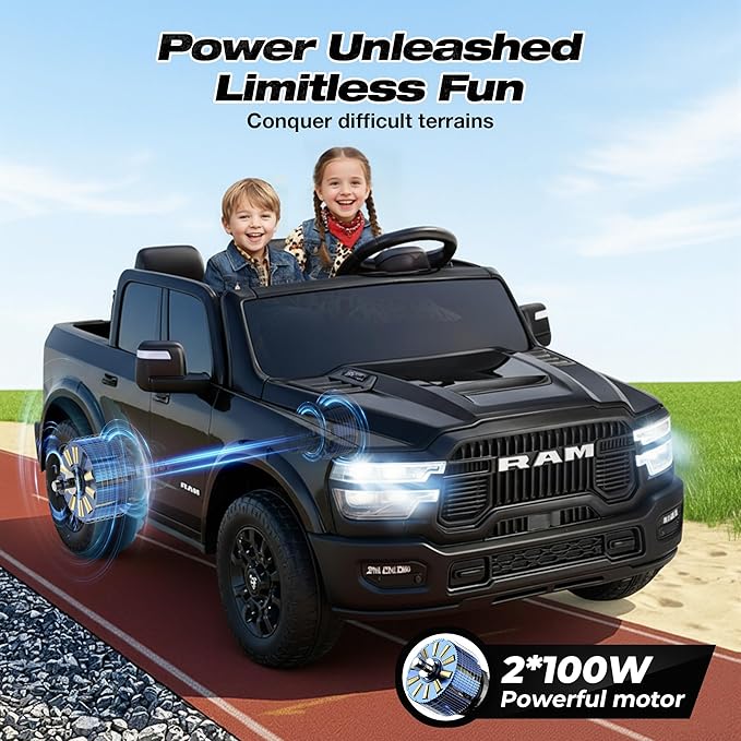 FUNTOK 24V 2 Seater Ride On Truck for Big Kids, Licensed RAM 2500 Kid's Electric Vehicles w/Remote Control, LED Light/Music/MP3/Bluetooth, Truck Bed Storage, Carry Wheels & Handle, Car for Kids 3-8