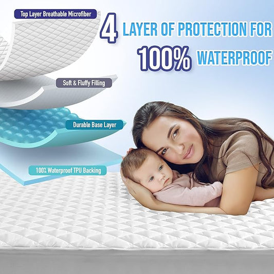 HYLEORY Twin XL Size Waterproof Mattress Pad Protector, Breathable Quilted Mattress Cover Noiseless Waterproof Fitted Sheet Mattress Topper Upto 21" Deep Pocket, White