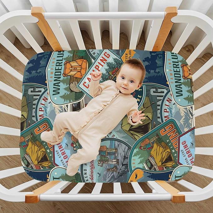 Fitted Crib Sheets for Baby Boys or Girls Soft Breathable Baby Play Yard Sheet for Standard Size Crib Mattress 52x28in Camping National Park Colorful Labels Emblems (3)