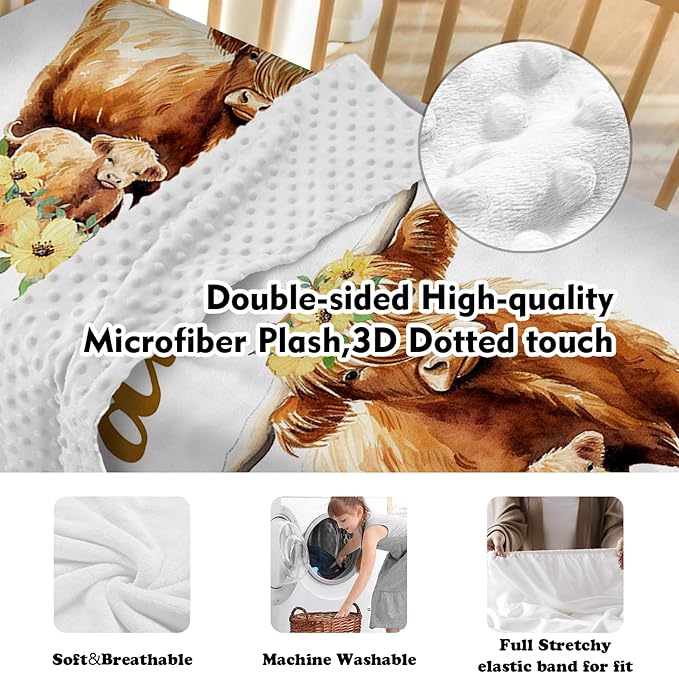 Personalized Baby Crib Bedding Set: 4 Piece Yellow Flower Custom Gift Crib Bed Set with Name - Highland Cow Theme, Nursery Bedding Set for Baby Girls,Newborn Girls Crib Sets, Crib Bedding Shower Gifts