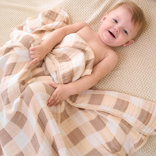 Ultra Soft Muslin Baby Blanket Made with Organic Cotton - Neutral Earth Tone Checkered Swaddle & Nursery Quilt, 43x43 (Beige-Coffee Checkered)