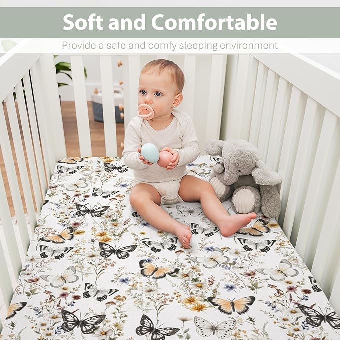 Boho Floral Butterflies Baby Crib Sheets for Boy Girl 52"x28" Vintage Wildflowers Leaves Soft Stretchy Fitted Crib Mattress Cover Retro Spring Summer Baby Sheet for Crib and Toddler Bed Mattresses