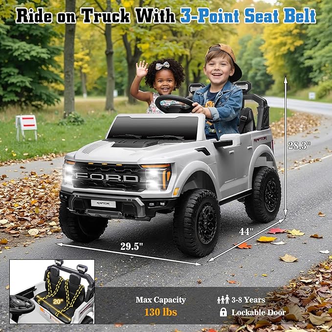 Licensed Ford F-150 Raptor 24V Ride on Toys for Boys & Girls, 2 Seater Kids Electric Car, Todder Ride on Car w/Remote Control, LED Lights, Bluetooth Music, Truck Bed Storage(24V, White)