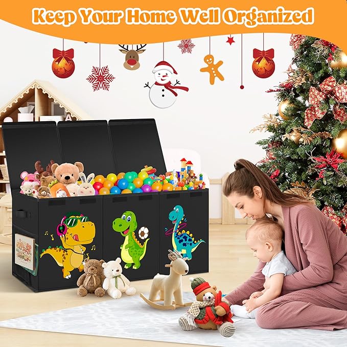 Beadsky Extra Large Toy Box, Collapsible Toddlers Toy Chest Kids Storage Organizer, Dinosaur Bin Boxes Storage Basket with Lids for Boys, Girls, Living Room, Nursery, Playroom, 40"x14"x16", Black
