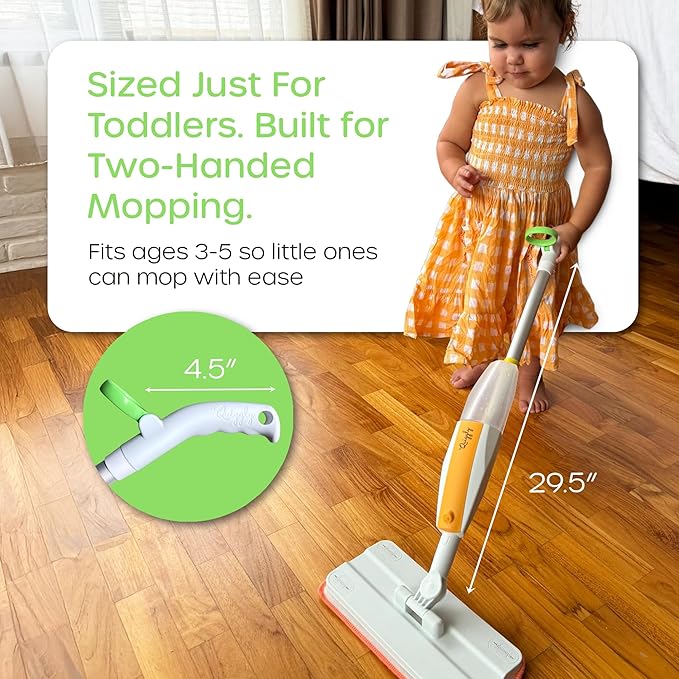 Quiggly Toddler Spray Mop – Two-Handed Design for Ages 3–5 with Real Water Sprayer – Montessori Functional Cleaning Toy Set
