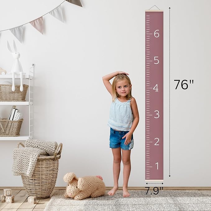 Morxy Canvas Growth Chart for Kids - Unisex Kids Room Wall Decor - Measuring Height Chart- Wall Tape with Height Chart for Kids (Canvas, Plain Mauve)