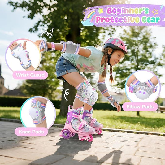 Knee Pads for Kids - ZOOBLISS Toddler Knee and Elbow Pads Set Wrist Guards for Skating Girls Aged 3-12, Kids Protective Gear for Roller Skates Skateboard Bike Scooter, Included Drawstring Bag(Rainbow)
