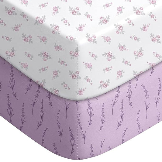 Pack and Play Sheets Fitted, Mini Crib Sheets 2-Pack for Pack N Play Mattress, Stretchy Playpen Sheet for Boys Girls, Softness and Breathable, 38" x 26"