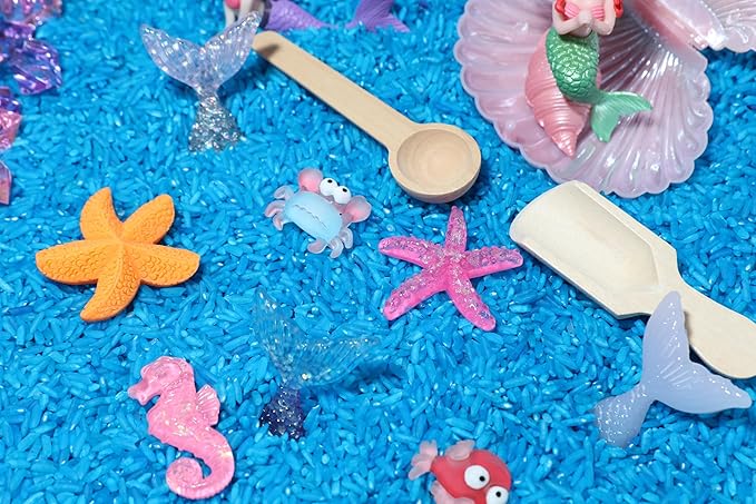 Mermaid Sensory Bin Kit for Kids – Blue Rice, Pinto Beans, Mermaids, Gems, Shells & Treasure Chest – Ocean-Themed Sensory Play with Storage Bin