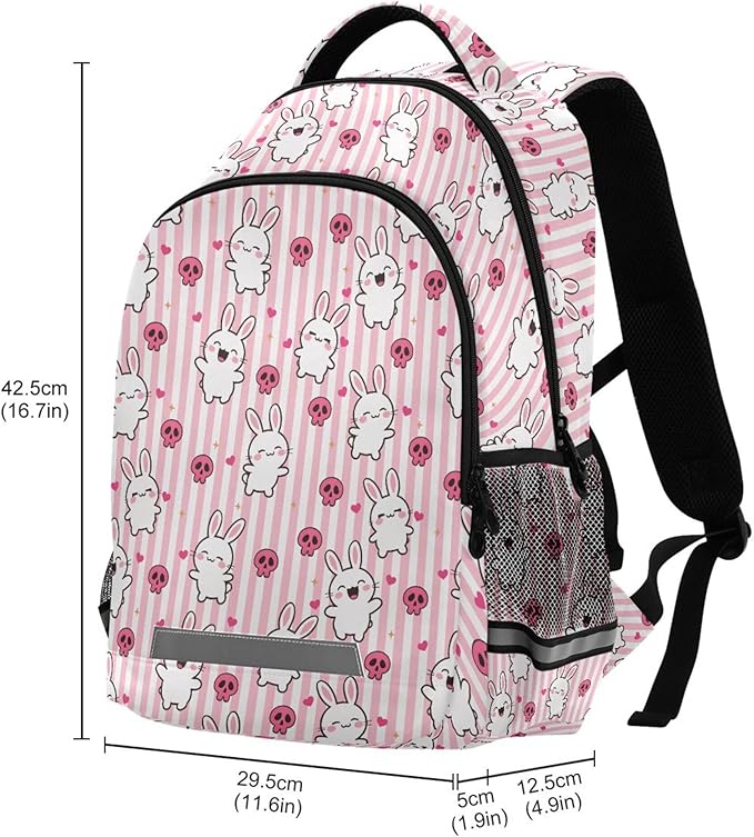 MNSRUU School Backpack with Chest Strap, Doodle Kawaii Rabbit Laptop Backpack, Travel Hiking Backpack for Boys Girls, Rucksack, Knapsack One Size