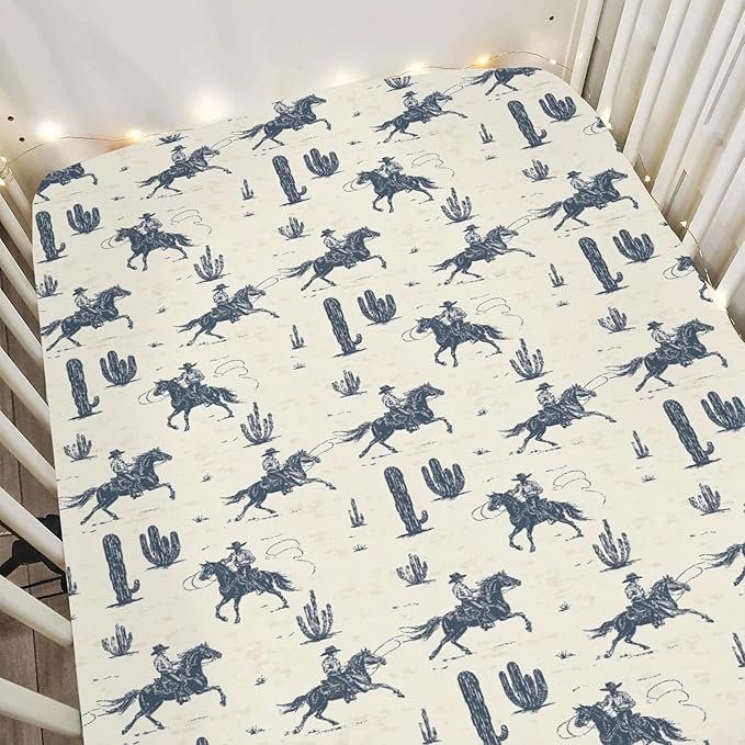 Vintage Western Cowboys Baby Crib Sheets for Boy Girl 52"x28" Retro Cowboy Horse Cactus Soft Stretchy Fitted Crib Mattress Cover Wild Desert Nursery Baby Sheet Fits Crib and Toddler Bed Mattresses