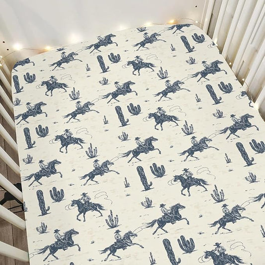 Vintage Western Cowboys Baby Crib Sheets for Boy Girl 52"x28" Retro Cowboy Horse Cactus Soft Stretchy Fitted Crib Mattress Cover Wild Desert Nursery Baby Sheet Fits Crib and Toddler Bed Mattresses